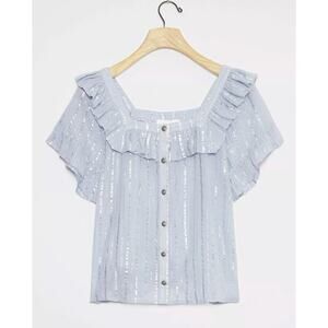 Anthropologie Leora Peasant Top Shimmer Blouse Plus Siz 2X Blue Metallic Striped